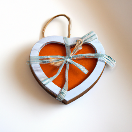 Herzförmige Geschenkbox mit orangefarbenem Inhalt und blauer Schleife.